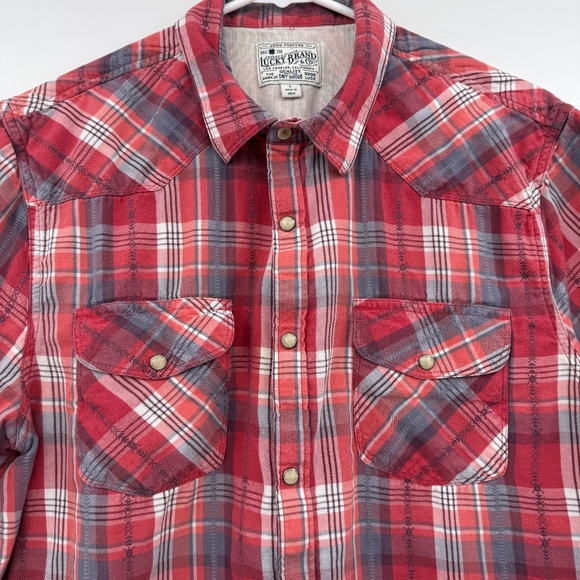 Lucky Brand Top Women XL Red Plaid Pearl Snap Button Up Short Sleeve Western - Picture 3 of 11
